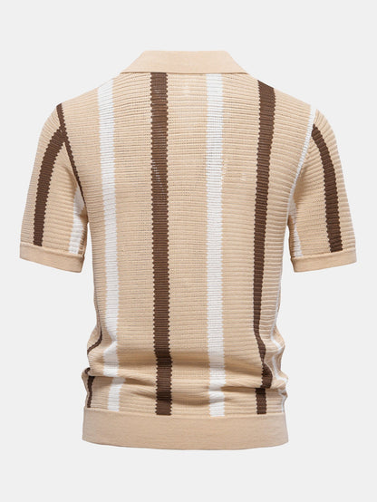 Striped V-Neck Knit Polo Shirt