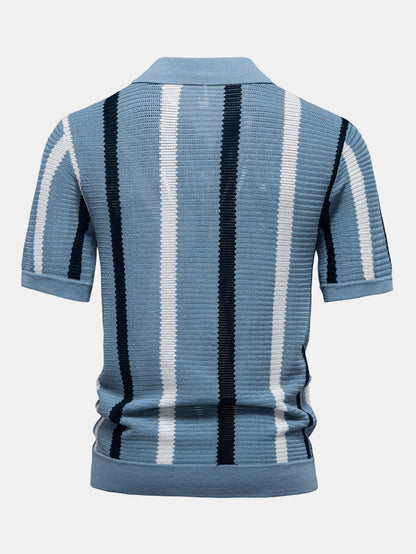 Striped V-Neck Knit Polo Shirt